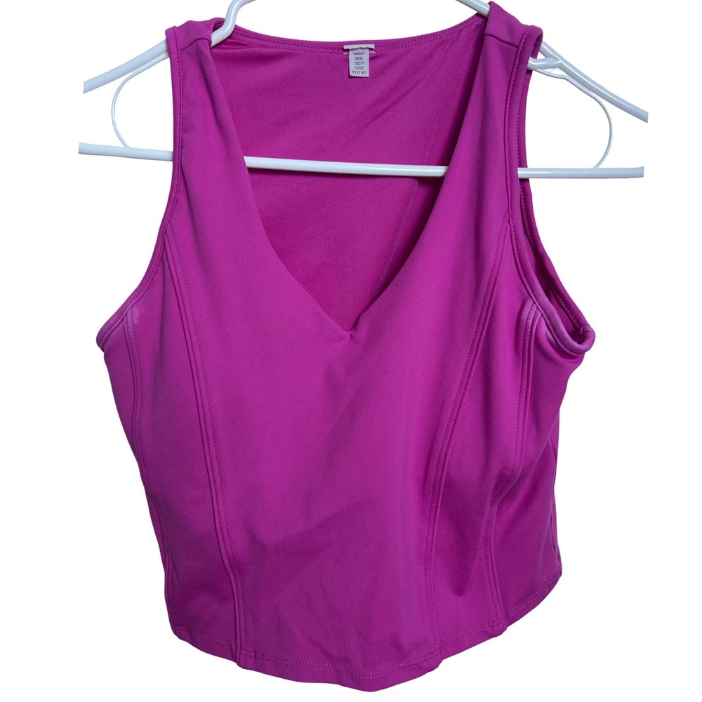 Magenta Pink V-Neck Athletic Crop Tank Top‎ Shelf Bra Barbiecore Bodycon Workout